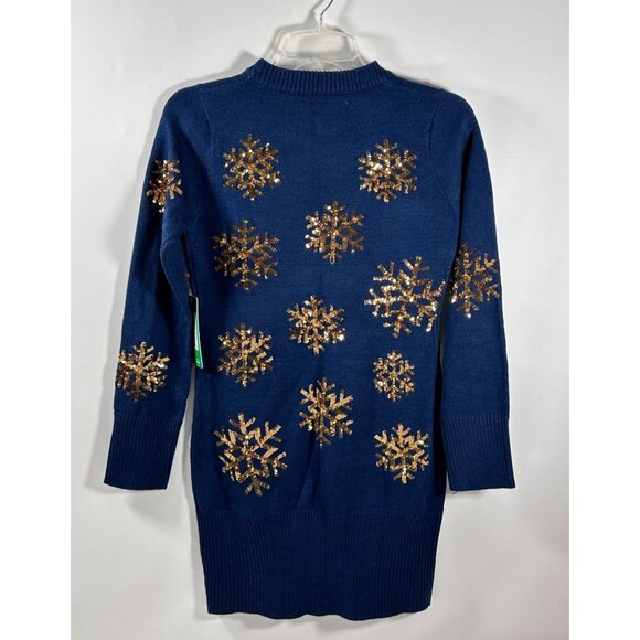 Tipsy Elves Blue Mini Sweater Dress With Gold Sequin Snowflakes Size XS NWT - Picture 2 of 16